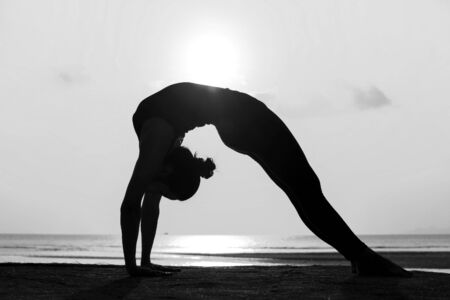 High quality, high resolution, professional yoga woman silhouette at sunset.の写真素材