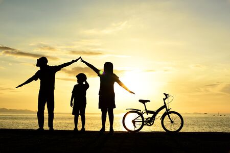 Silhouette life and activity on the beach at dusk.の写真素材