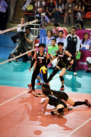 Bangkok, Thailand - July 3-5 ,2015 : Group 1 women volleyball players in action in The 23rd edition of the FIVB Volleyball World Grand Prix at Hua Mak Sport Complex.のeditorial素材