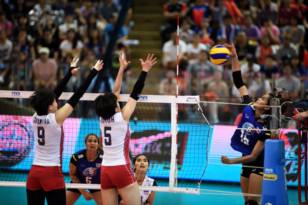 Bangkok, Thailand - July 3-5 ,2015 : Group 1 women volleyball players in action in The 23rd edition of the FIVB Volleyball World Grand Prix at Hua Mak Sport Complex.のeditorial素材