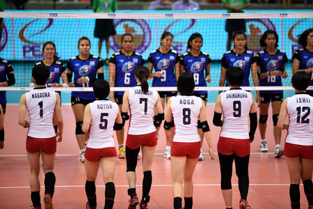 Bangkok, Thailand - July 3-5 ,2015 : Group 1 women volleyball players in action in The 23rd edition of the FIVB Volleyball World Grand Prix at Hua Mak Sport Complex.のeditorial素材