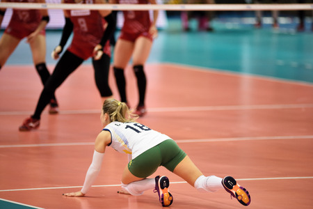 Bangkok, Thailand - July 3-5 ,2015 : Group 1 women volleyball players in action in The 23rd edition of the FIVB Volleyball World Grand Prix at Hua Mak Sport Complex.のeditorial素材