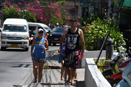 KO SAMUI, THAILAND - APRIL 13: Foreigners and Thai people enjoy splashing water together in songkran festival on April 13, 2018 in Ko Samui island, Thailand.のeditorial素材