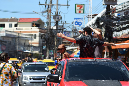 KO SAMUI, THAILAND - APRIL 13: Foreigners and Thai people enjoy splashing water together in songkran festival on April 13, 2018 in Ko Samui island, Thailand.のeditorial素材