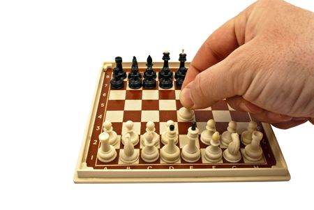 Chess-board with figures on a white backgroundの写真素材