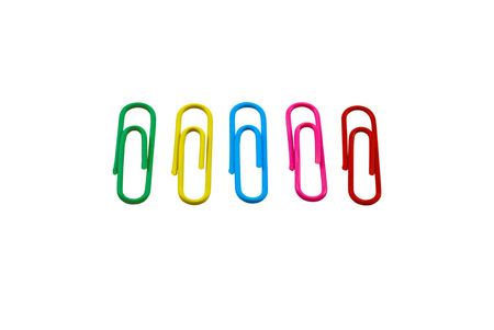 Multi-coloured paper clips on a white backgroundの写真素材