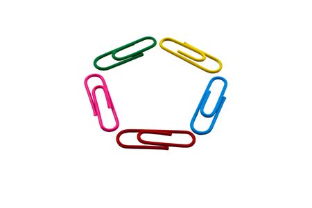 Multi-coloured paper clips on a white backgroundの写真素材