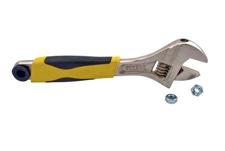 Wrench and screw nuts on a white backgroundの写真素材