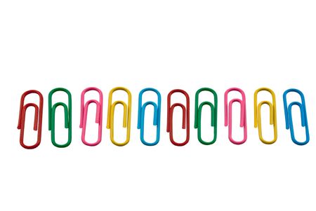 Multi-coloured paper clips on a white backgroundの写真素材