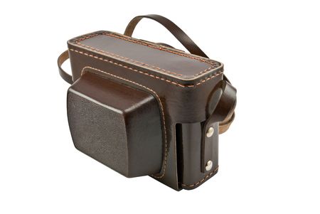 old brown leather camera case over white background の写真素材