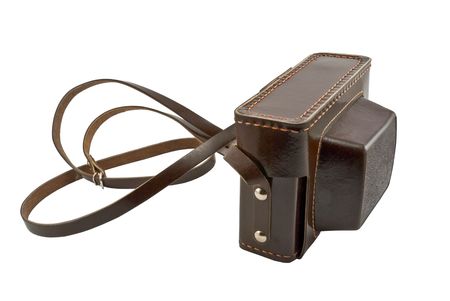 old brown leather camera case over white background の写真素材