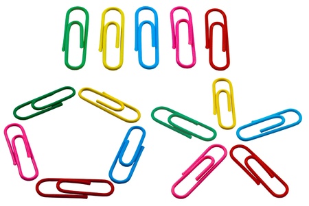 Multi-coloured paper clips on a white backgroundの写真素材