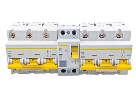 Automatic circuit breaker, isolated on a white backgroundの写真素材