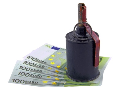European banknotes and hand grenade isolated on a white backgroundの写真素材