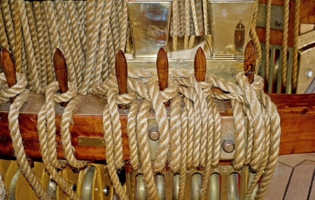 Tight rope knot on wood of ship