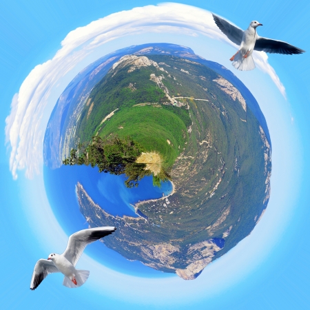spherical panorama Mountains, sky and the sea near to the city of Balaklavaの写真素材