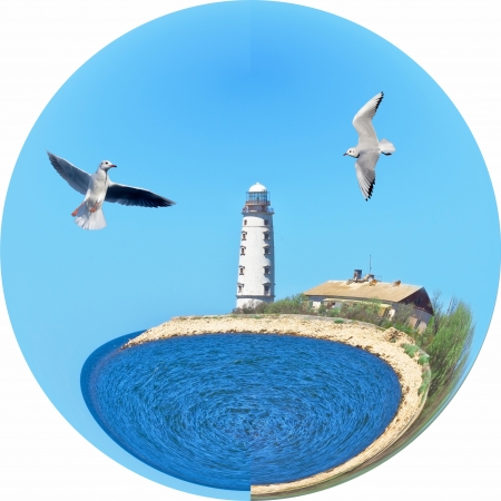 Lighthouse on a sunny day with blue skyの写真素材