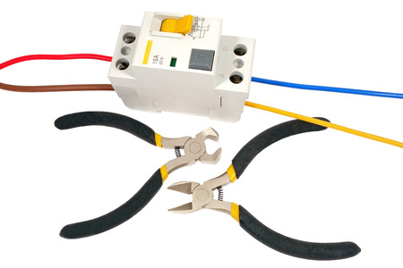 Automatic circuit breaker and tools, isolated on a white background