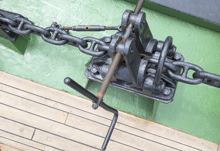 Anchor winch mechanism with chain in ship