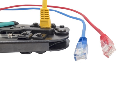 Closeup of network cables connected to router on white