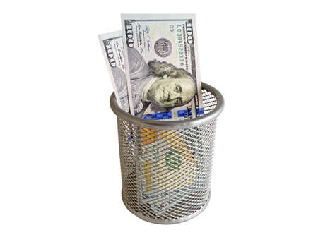 The Empty container and banknotes dollar on white background