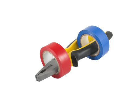 Pliers and Adhesive plastic tape  on white backgroundの写真素材