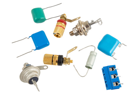 Powerful semi-conductor diodes and other radio components on a white background