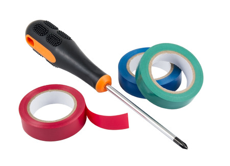 colored duct tape with screwdriver on white backgroundの写真素材