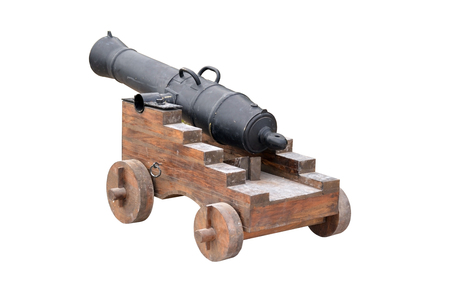 Old cannon front view isolated on whiteの写真素材