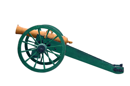 Ancient wheeled cast iron cannon isolated on white backgroundの写真素材