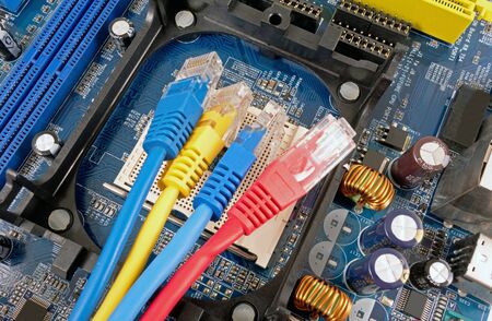 colorful network cable on computer motherboard