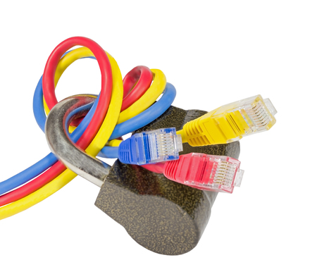 ocked closed padlock with red blue and yellow computer network cables isolated on white background