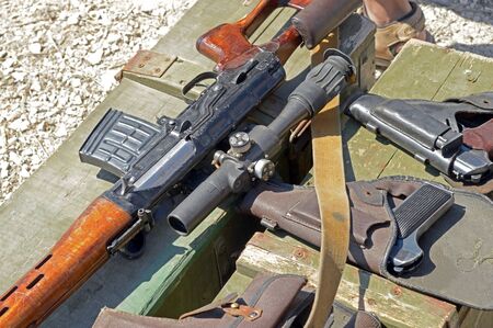 wooden box of ammunition with Russian weaponの写真素材