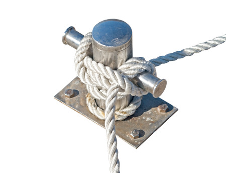 Mooring rope and bollard on white background