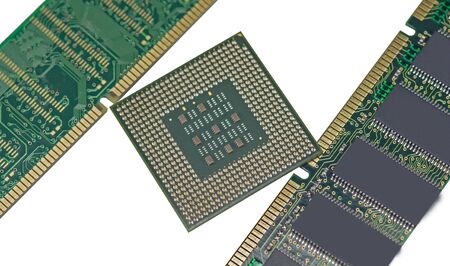 DDR RAM memory module and Modern CPU isolated on white background