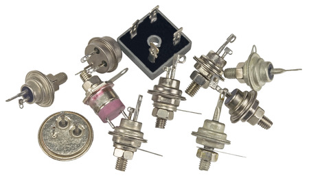 Powerful semi-conductor diodes and other radio components on a white background