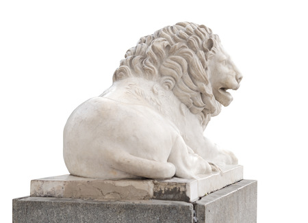 Marble Sculpture of a lion on white backgroundの写真素材