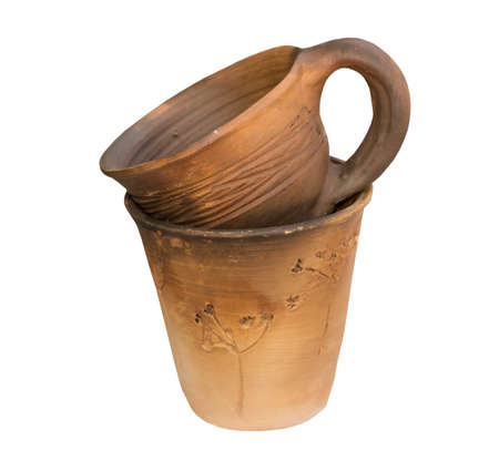 Clay mugs on white backgroundの写真素材