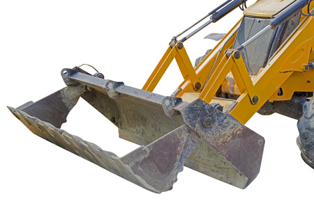 part of modern yellow excavator machines isolated on white