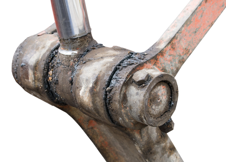 part of modern excavator machines isolated on whiteの写真素材