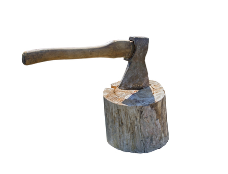 old Ax chopping wood on white background