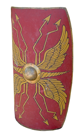 Old wooden shield isolated on white backgroundの写真素材