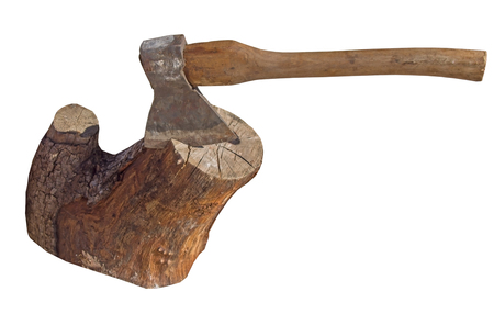 old Ax chopping wood on white backgroundの写真素材
