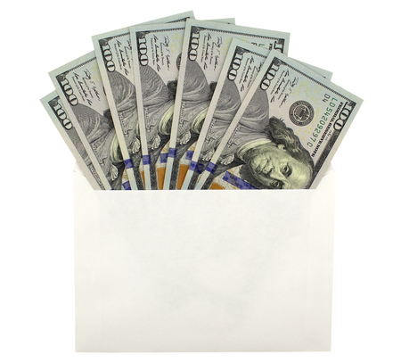 Open an envelope with dollar banknotes on white backgroundの写真素材