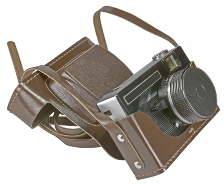 Vintage old film photo-camera in leather case on white backgroundの写真素材