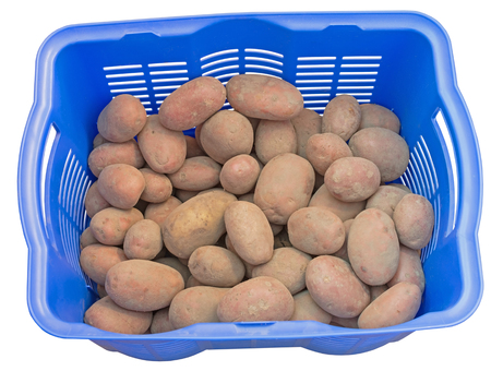 plastic box with potatoes on white backgroundの写真素材