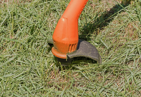 Close up of string lawn trimmer mower cutting grass, over a grass background