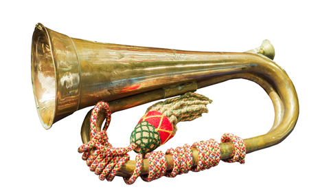 Old hunting horn on white background