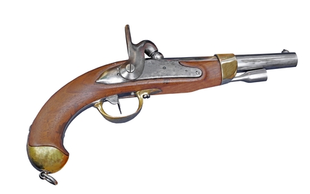 Antique pistol 18th century on white background