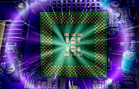 macro view of cpu pins and circuit mother board